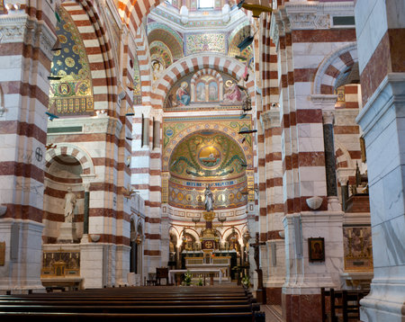 The upper church of Notre-Dame de la Garde is richly decorated with multicolored marble and mosaics, Marseille, Franceのeditorial素材