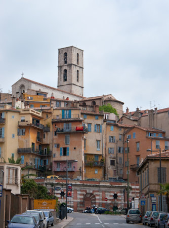 Grasse, France - May 8, 2013: The view on the old town of Grasse with the Cathedral on the top.のeditorial素材