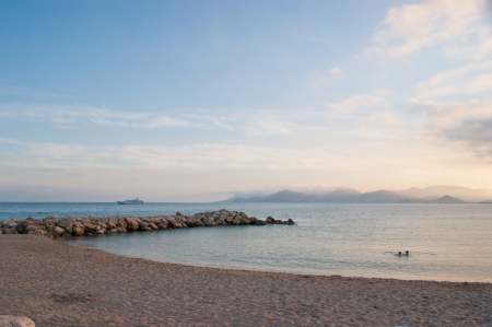 The Cannes beach on the sunset, France.の写真素材