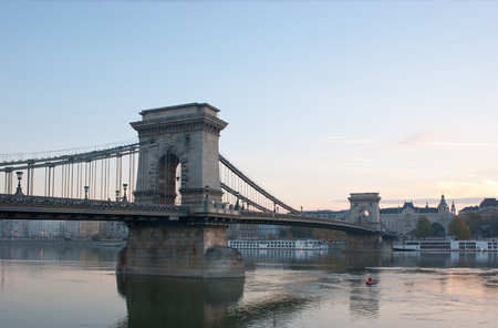 The Szechenyi Chain Bridge was the first permanent bridge across the Danube in Budapest, Hungary.の写真素材