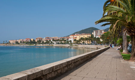Boulevard Pascal Rossini is the favourite place for tourist walks between the sunbathing and shopping, Ajaccio, Corsica, France.のeditorial素材