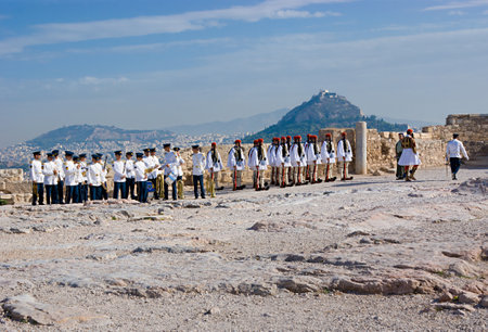 ATHENS, GREECE - OCTOBER 12, 2013: The military parade on the top of Acropolis citadel, on October 12, in Athens.のeditorial素材