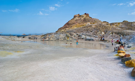 VULCANO, ITALY - SEPTEMBER 30, 2012: The small lake, located on sulfur deposits near ruins of the ancient volcano crater in Porto di Ponente on Vulcano Island, on September 30 in Vulcano.のeditorial素材