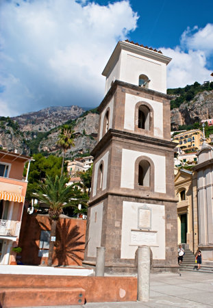 The bell tower of church of Santa Maria Assunta, located in the old part of Positano, Amalfi coast, Italy.のeditorial素材