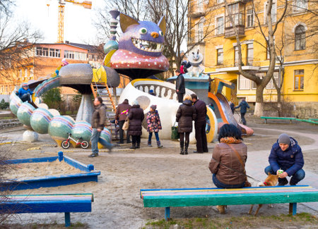 KIEV, UKRAINE - MARCH 9, 2014: The idea of favorite by children playground on Landscape Alley made by Konstantin Skretutskiy based on Alice in Wonderland of Lewis Carroll, on March 9 in Kiev.のeditorial素材