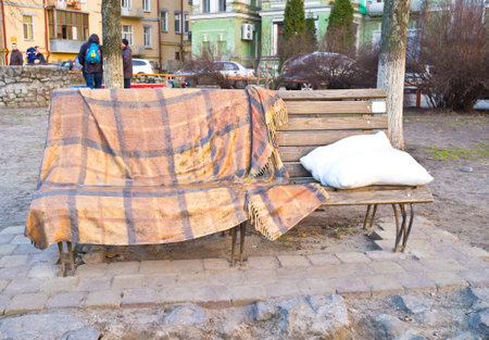 KIEV, UKRAINE - MARCH 9, 2014: The playground on Landscape Alley made by Konstantin Skretutskiy with the sculptural pillow and blanket, on March 9 in Kiev.のeditorial素材