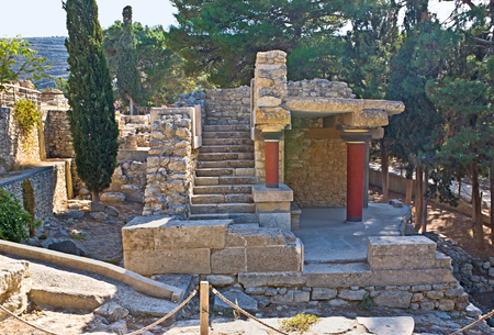 HERAKLION, GREECE - OCTOBER 13, 2013: The ruins of Knossos Palace include preserved or renovated parts of chambers, halls, corridors, staircases, frescoes on big archaeological area, on October 13 in Heraklion.の写真素材