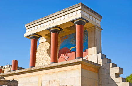 HERAKLION, GREECE - OCTOBER 13, 2013: Restored North Entrance with charging bull fresco in Knossos Palace, on October 13 in Heraklion.の写真素材