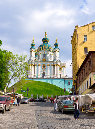 KIEV, UKRAINE - MAY 1, 2014: The St Andrew's Church overlooks the historic Podil neighborhood, situated on a steep hill, on the top of Andrew's Descent, on May 1 in Kiev.のeditorial素材