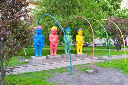 KIEV, UKRAINE - MAY 1, 2014: The colorful Pissing Boys located on Landscape Alley are the part of the Kiev Fashion Park project, on May 1 in Kiev.のeditorial素材