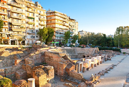 THESSALONIKI, GREECE - OCTOBER 17, 2013: The Odeon with access through five marble doors is the part of the Ancient Agora (Roman Forum), on October 17 in Thessaloniki.のeditorial素材