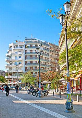 THESSALONIKI, GREECE - OCTOBER 17, 2013: Dimitriou Gounari street is an ancient, pedestrian area in the city centre with cozy cafes, shops, located next to Rotunda (Tomb of Galerius), on October 17 in Thessaloniki.のeditorial素材