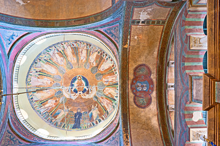 THESSALONIKI, GREECE - OCTOBER 17, 2013: The cupola mosaic of Hagia Sophia church  represents the...