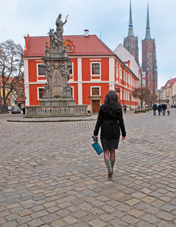 WROCLAW, POLAND - NOVEMBER 24, 2012: Walking through the Katedralna street on Ostrow Tumski, tourists visit the Plague Column and then go to the Cathedral, located on the Katedralna Square, on November 24 in Wroclaw.のeditorial素材