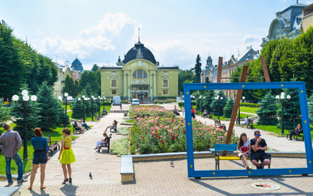 CHERNIVTSI, UKRAINE - JUNE 20, 2014: The  frame in colors of EU flag travels through the squares of the city, now it's located on the Theatre Square, on June 20, 2014.のeditorial素材
