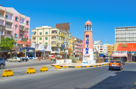 HURGADA, EGYPT - OCTOBER 5, 2014: The lighthouse in the city centre with the direction indicator to Marina, the main port, on October 5 in Hurgada.のeditorial素材