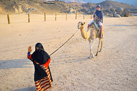 HURGHADA, EGYPT - OCTOBER 5, 2014: The tourist feels happy during the camel ride and the young girl-cameleer waves her hand to the friends, on October 5 in Hurghada.のeditorial素材