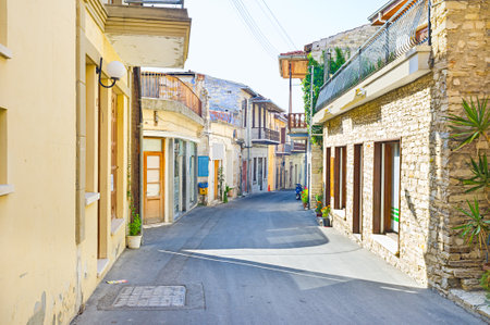 The mountain village sleeps in the early morning, so tourists walk at the empty streets, Lefkara, Cyprus.のeditorial素材