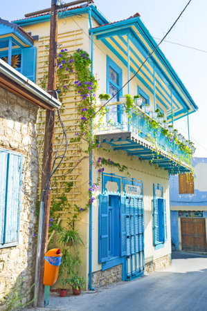 The colorful building of the popular tourist restaurant in Lefkara village, Cyprus.のeditorial素材