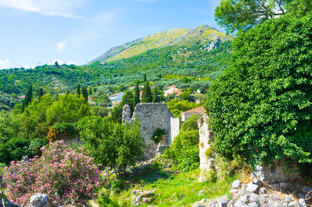 The lush greenery hides the ruins of the Stari Bar fortress, Montenegro.の写真素材
