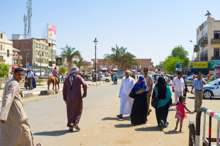 ASWAN, EGYPT - OCTOBER 6, 2014: The  busy street in the central city district, on October 6 in Aswan.のeditorial素材