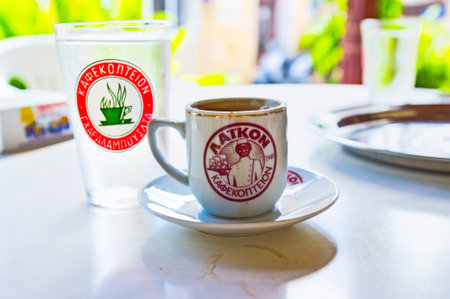 NEO CHORIO, CYPRUS - AUGUST 3, 2014: The cup of traditional Cypriot strong coffee is the best begining of the day, on August 3 in Neo Chorio.のeditorial素材