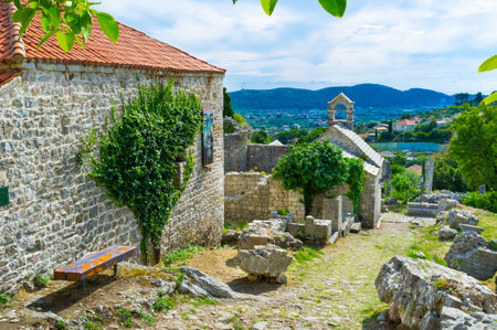 The tiny church was restored after the earthquake, that destroyed the Stari Bar fortress, Montenegro.のeditorial素材