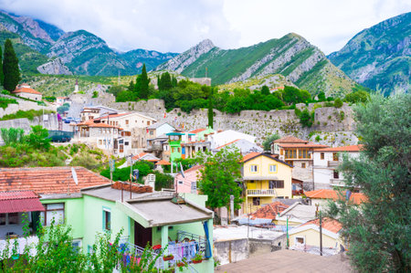 The Stari Bar fortress located on the mountain top and surrounded by the old town buildings, Montenegro.のeditorial素材