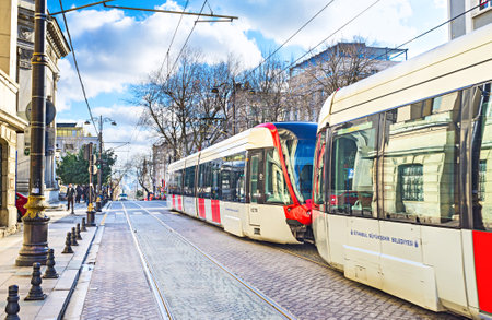 ISTANBUL, TURKEY - JANUARY 13, 2015: The tram is the popular public transport in the old town, on January 13 in Istanbul.のeditorial素材