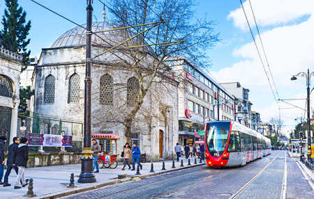 ISTANBUL, TURKEY - JANUARY 13, 2015: The tram is the fast and comfortable transport in the old town, on January 13 in Istanbul.のeditorial素材