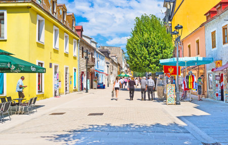CETINJE, MONTENEGRO - JULY 18, 2014: The old town is full of tiny colorful houses, souvenir stalls and cafes, on July 18 in Cetinje.のeditorial素材