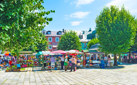 CETINJE, MONTENEGRO - JULY 18, 2014: The food market, located in the town centre, on July 18 in Cetinje.のeditorial素材