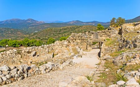 The Greek mountain landscape with the ruins of the ancient Mycenae.の写真素材