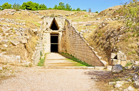 The Tomb of Clytemnestra, the wife of king Agamemnon, the leader of the Greeks against the Trojans in Trojan War, Mycenae, Greece.のeditorial素材