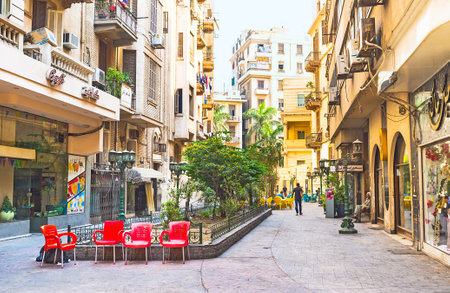 CAIRO EGYPT  OCTOBER 9 2014: The quiet pedestrian street located next to the busy Midan Tahrir with the cozy cafes and tiny shops on October 9 in Cairo.のeditorial素材