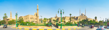 CAIRO, EGYPT - OCTOBER 9, 2014: Panorama of the Salah El-Deen Square surrounded by medieval mosques and ramparts of the Saladin citadel, on October 9 in Cairo.のeditorial素材