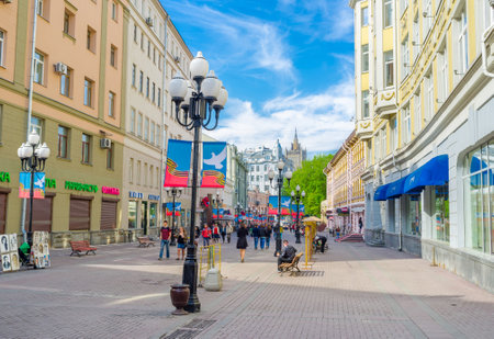MOSCOW, RUSSIA - MAY 9, 2015: The tourist street of Arbat decorated with flags in honour of Victory Day, on May 9 in Moscow.のeditorial素材