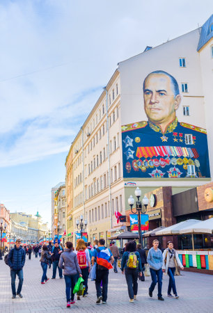MOSCOW, RUSSIA - MAY 9, 2015: The portrait of Marshal of USSR Georgy Zhukov on the house wall at Arbat street, on May 9 in Moscow.のeditorial素材