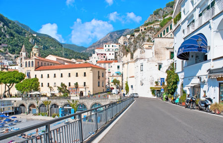 AMALFI, ITALY - OCTOBER 5, 2012: Via Pantaleone Comite is beautiful viewpoint, overlooking the old promenade, medieval neighborhoods and rocky mountains, on October 5 in Amalfi.のeditorial素材
