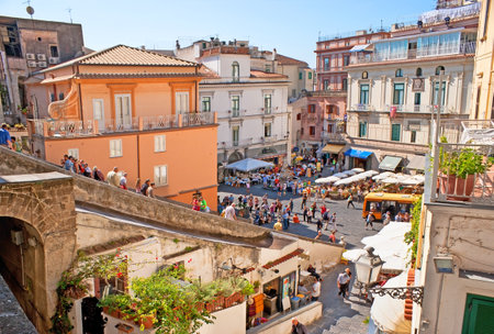 AMALFI, ITALY - OCTOBER 5, 2012: The Piazza Duomo di Amalfi is full of cozy cafes, bars and souvenir shops, on October 5 in Amalfi.のeditorial素材