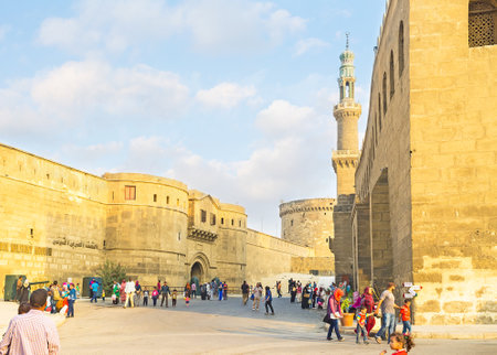 The old stone walls of the Saladin Citadel look great in the evening sun rays, Cairo, Egypt.のeditorial素材