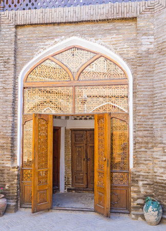 The hotel in the medieval building of restored Caravan Saray, Bukhara, Uzbekistan.のeditorial素材