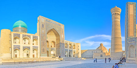BUKHARA, UZBEKISTAN - APRIL 28, 2015: The architectural complex of Po-i-Kalan consists of Mir-i Arab Madrassah, Kalyan Minaret and Kalyan Mosque, on April 28 in Bukhara.のeditorial素材