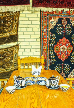 The teahouses with unusual local herbal tea are very popular in Uzbekistan.の写真素材