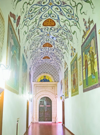 TROODOS, CYPRUS - AUGUST 2, 2014: The scenic hall of the Kykkos Monastery with painted icons and nice traceries, on August 2 in Troodos.のeditorial素材