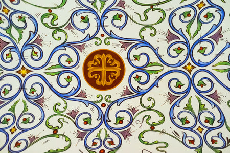 TROODOS, CYPRUS - AUGUST 2, 2014: The colorful tracery with the cross in the middle decorates the ceiling in Kykkos Monastery, on August 2 in Troodos.のeditorial素材