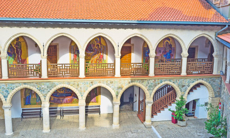 The small courtyard of the Kykkos Monastery with arched galleries at the first and second floors, Troodos, Cyprus.のeditorial素材