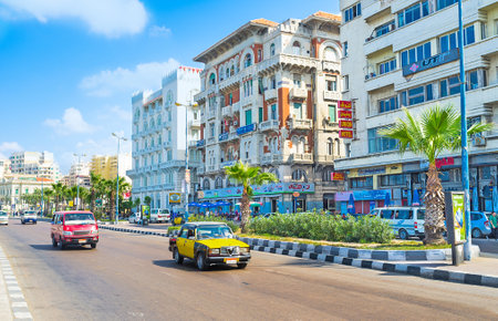 ALEXANDRIA, EGYPT - OCTOBER 11, 2014: El-Gaish Road runs along the central promenade and boasts luxury hotels, comfortable restaurants and brand stores, on October 11 in Alexandria.のeditorial素材