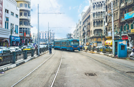 ALEXANDRIA, EGYPT - OCTOBER 11, 2014: The old blue tram in the city centre, on October 11 in Alexandria.のeditorial素材