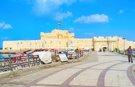 ALEXANDRIA, EGYPT - OCTOBER 11, 2014: The Citadel of Qaitbay is the visit card and the most popular landmark of the city, on October 11 in Alexandria.のeditorial素材